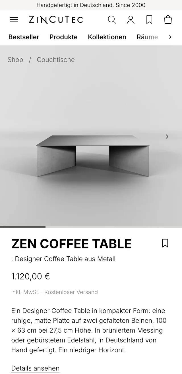 Product page of the ZEN Coffee Table on mobile with image gallery, price and description.