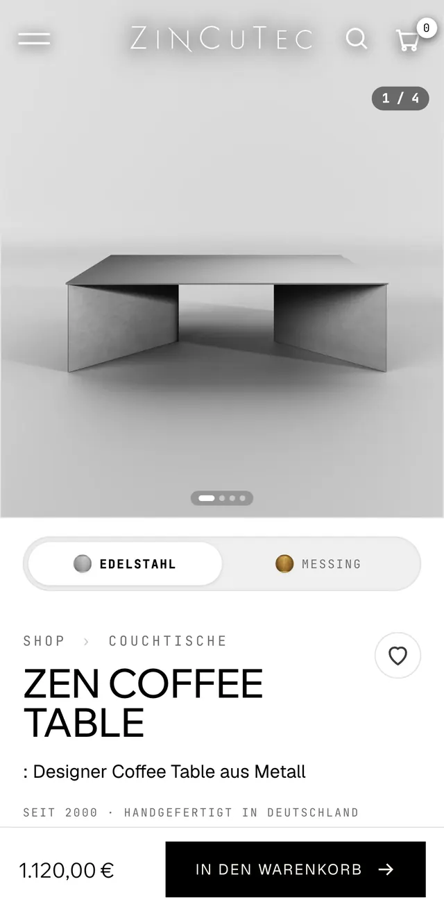 Produktseite des ZEN Coffee Table auf dem Handy mit Bildergalerie, Materialwahl und fester Warenkorb-Leiste.